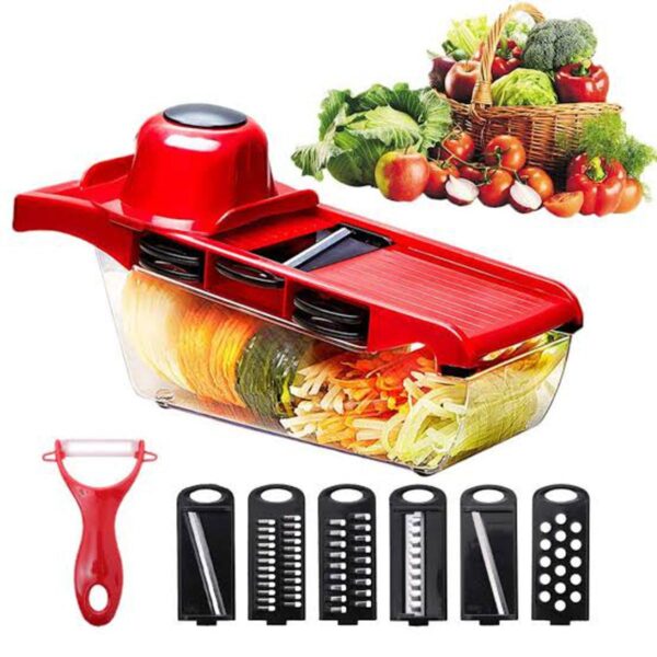 Upgrade your kitchen prep with the 10-in-1 Mandoline Slicer Vegetable Cutter, designed to handle all your chopping needs in one compact tool. Equipped with sharp stainless-steel blades, this manual cutter lets you slice potatoes, grate cheese, julienne carrots, dice vegetables, and peel fruits with ease. The ergonomic design ensures comfortable handling, while the sturdy build delivers long-lasting performance. Its eye-catching pink color adds a modern touch to your kitchen, and the boxed packing makes it ideal for gifting or safe storage. Save time, reduce mess, and enjoy perfectly cut ingredients every time.PNG